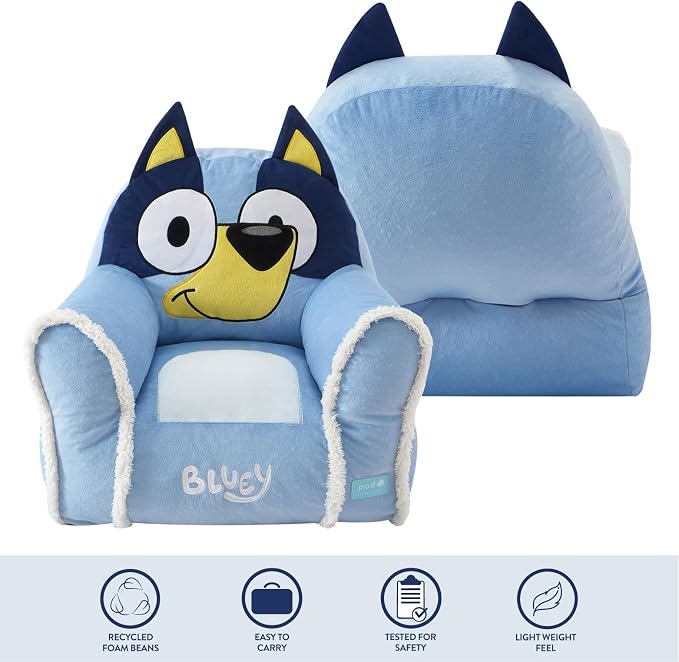Bluey Kids Bean Bag Sofa Chair with Armrests,Soft, Comfortable, Structured Seat for Ages 3+, Lounge Chair, Lightweight and Cozy, Ideal for Playroom or Bedroom Decor