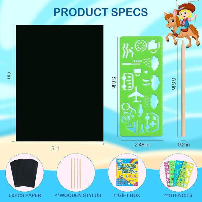 RMJOY Rainbow Scratch Paper Art for Kids: 50PCS Magic Arts Crafts Gifts Toys for Girls Boys Ages 3-12 Games Activities for Birthday Party Family Day Classroom Prizes Easter Basket Stuffers(Boys)