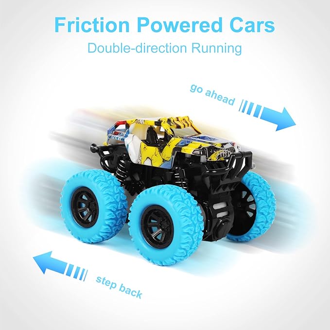 M SANMERSEN Monster Truck Toys for Kids, Friction Cars for Toddlers Push and Go 360° Rotating Stunt Car for 3+ Year Old Boys Girls Gifts (2 Pack - Blue and Green)