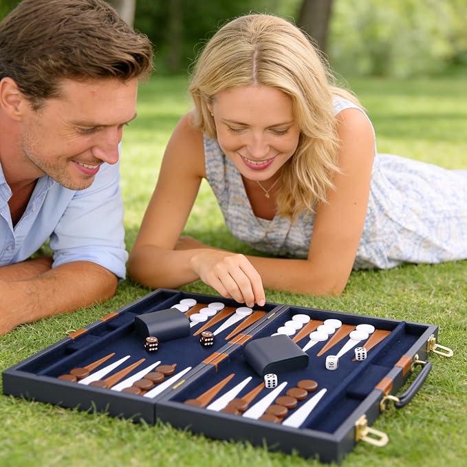 Backgammon Set - Classic Board Game with Premium PU Leather Case - Portable Travel Strategy Backgammon Game Set for Adults, Kids Family Game Night, Vacation & Gifts (18inch Large, Navy)