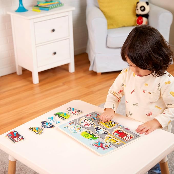 B. toys – Peek & Explore Puzzle 4-Pack – Wood Toys for Toddlers, Kids – 8 Pieces Each – Vehicles, Trucks, Animals, Barnyard – 2+ Years