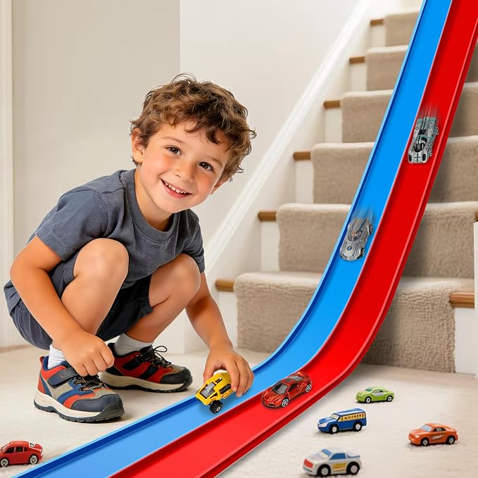 Flexible Race Track Toys for Kids, 15 Ft Flex Tracks Starter Set with Strong Suction Cups - Compatible with Hot Wheels and Diecast 1/64th Cars, Rolls up Portable Race Car Ramp Track (Blue Red)