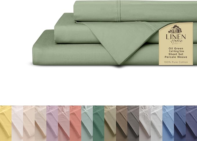 Linen Home 100% Cotton Percale Sheets California King Size, Oil Green, Deep Pocket, 4 Pieces Set- 1 Flat, 1 Fitted and 2 Pillowcases, Crisp Cool and Long Staple Strong Bed Linen