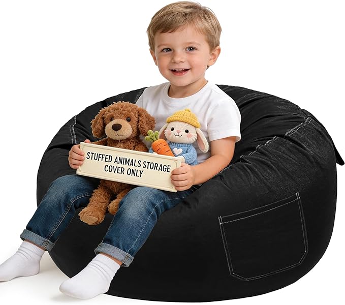 Lukeight Stuffed Animals Storage Bean Bag Chair Cover for Kids and Toddlers, Cozy Velvet Plush Toy Organizer Seat, Cover Only, No Filling Included, Long YKK Zipper, Side Pocket, Large 27 x 16 in