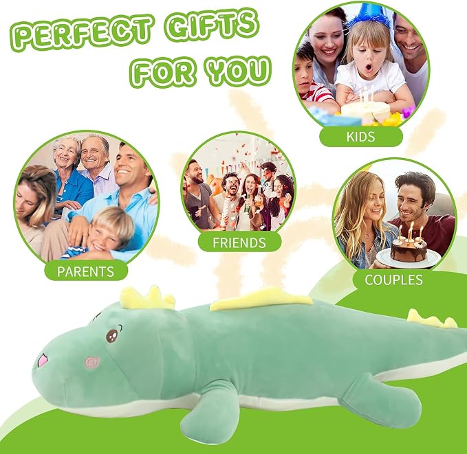 Tianmihou 52 Inch Giant Dinosaur Plush Pillow, Jumbo Green Dinosaur Stuffed Animal, Soft Long Dino Body Pillow for Kids Boys Girls, Huge Dinosaur Plushie Cuddle Toy, Birthday Gift for Children