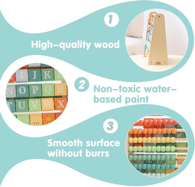 FReniland Wooden Activity Cube - Double-Sided Abacus & Alphabet Flip Tiles for Toddlers 18M+, Educational Counting Toy for Preschool and Homeschool Learning