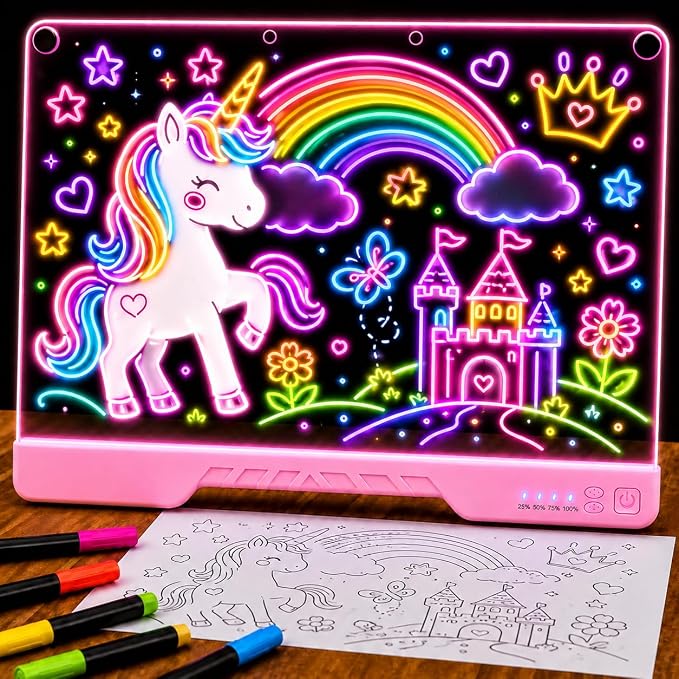 Upgraded 16” LED Drawing Board – Rechargeable, 7 Colors, 10 Light Modes, Adjustable Brightness – Acrylic Light Board for Tracing with Stand, Markers and Full Kit – Birthday Gift Set (Pink)