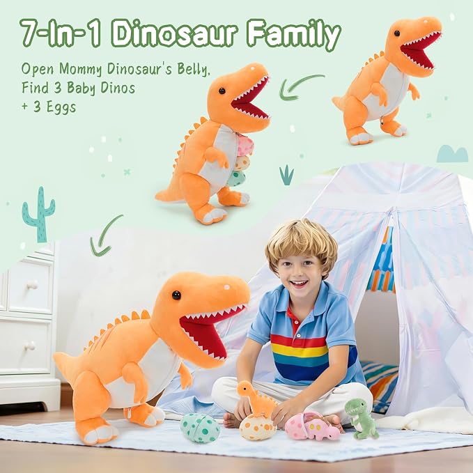 MorisMos Dinosaur Stuffed Animal with Babies,23.6'' Big Mommy Stuffed Dino T Rex with 3 Baby Dino Stuffed Toys & 3 Eggs Plush Inside Belly, Boy Girl Dinosaur Toys for Kid 3-5,Orange T Rex Toys Gift