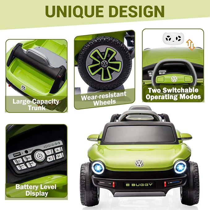 GarveeLife 12V Kids Ride On Car Licensed Volkswagen Beetle Electric Ride On Toy for Toddlers 4 Wheeler Vehicle with Parental Remote, Battery Level Display, LED Lights, USB, Horn, Music, Green