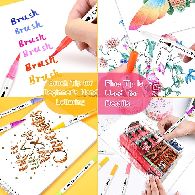 Caliart 72 Colors Double Tip Brush Pens Art Markers, Artist Fine & Brush Coloring Markers for Adult Book Journaling Calligraphy Lettering Planners Cards Drawing Craft Kit Teacher Office Supplies