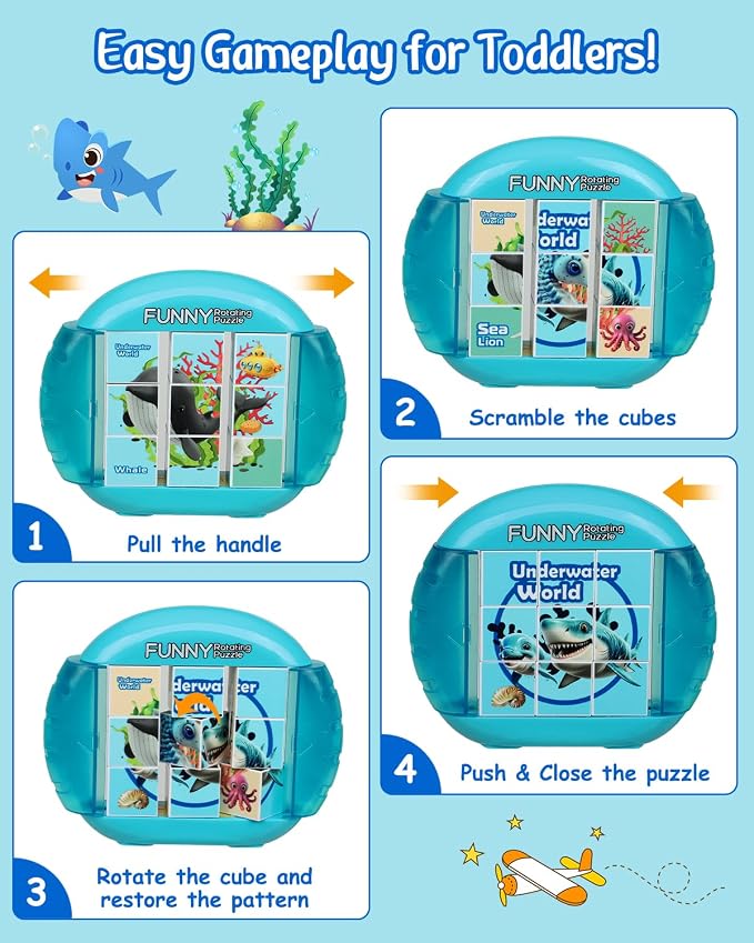Rotating 3D Puzzle for Kids 3 4 5 6 7 Year Old, 4 Puzzles in 1, Handheld Game Fidget Toys for Travel, Cars & Plane, Fine Motor Skills Developing (Marine Life)