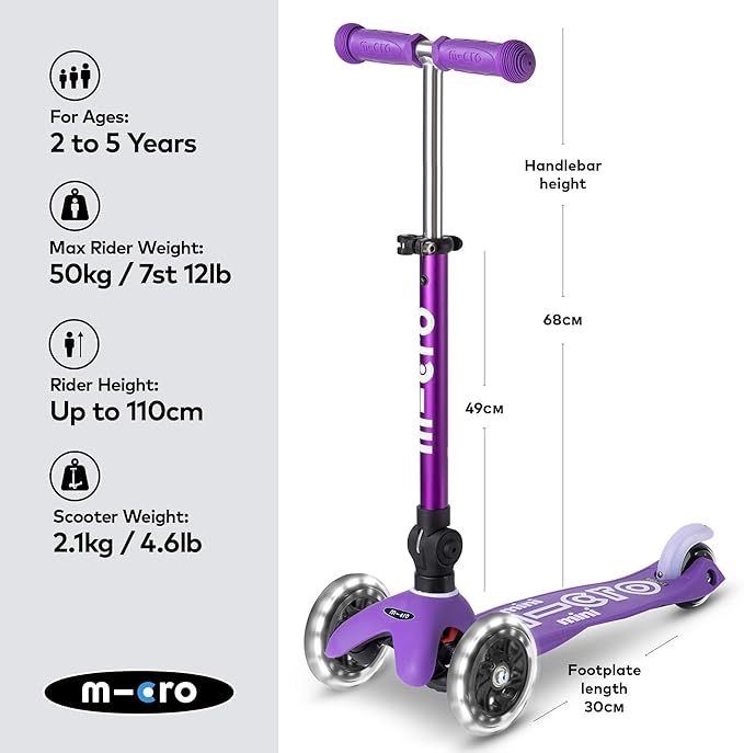 Micro Kickboard | Mini Foldable LED Kids Scooter for Ages 2-5 | Children up to 110 lbs | 3 Wheel Lean-to-Steer Design | Adjustable T Bar | Smooth Ride, Motion-Activated PU LED Wheels | Swiss Design