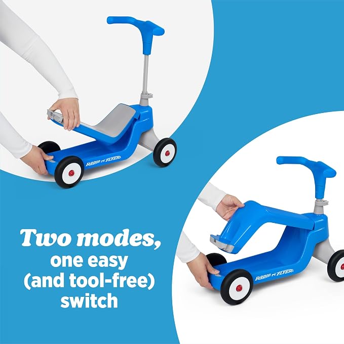 Radio Flyer Scoot 2 Scooter, Blue/Red/Pink, for Kids Ages 1-4, Ride On Toy or 4-Wheel Kids Scooter, Durable Wheels and Frame, Converts Easily with Flip Deck, Toddler Ride On Toys (Amazon Exclusive)