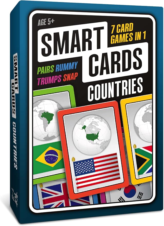 SMART CARDS Countries, Gift, Stocking Stuffer, Travel Game, 7 Games in 1, Pairs, Snap, Trumps, Rummy, Memory Quiz, Learn Facts, Age 5+, 1-8 Players