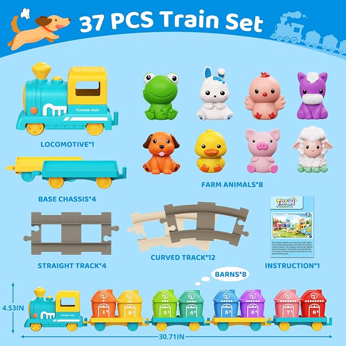 Train Set for Toddlers 2-4, Electric Toddler Train Set with Farm Animals, Music & Lights, Montessori Counting & Sorting Learning Toy, Birthday Easter for Boys Girls (Blue/Yellow)