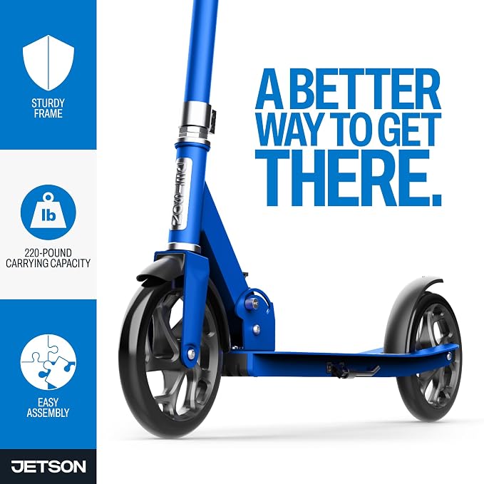 Jetson Jupiter Jumbo 2-Wheel Kick Scooter, Sturdy Wide Deck, Height Adjustable Handlebar, Rear Brake, Easy-Folding Mechanism, 8 inch wheels