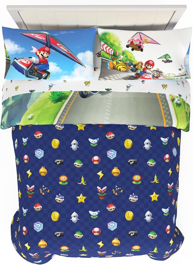 Super Mario Kart Game Kids Bedding Set, Full Size, 5-Piece Super Soft Cozy Reversible Comforter & Sheet Set (Officially Licensed Product) by Franco