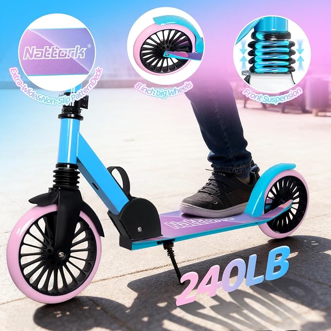 Nattork Kick Scooter for Age 6+ Kids Teens Adults, Max Load 240 LBS, Adjustable Height Foldable with 8" Large Wheels, Anti-Shock Suspension