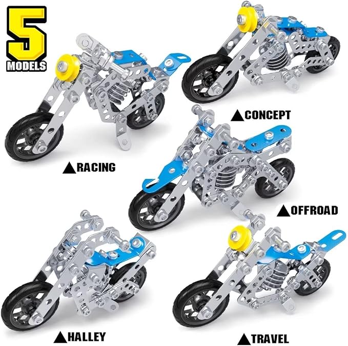 Ferthor Fun Creative Set Motorcycle,Stem Building Projects Toys for Kids 8 9 10 11 12+ Year Old,Metal Building Construction Model kit, 5 in 1 Motobike Building Blocks Steam Educational Toys(139PCS)