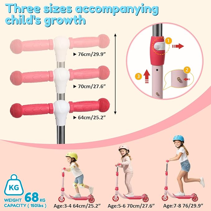 Three Wheel Scooter for Kids 2-5, Light Up Princess Scooters with Handleber-Steer, Adjustable Height Kick Scooters for Boys & Grils, Indoor and Outdoor Use