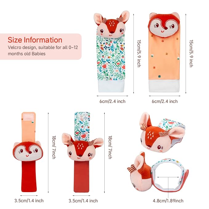 PADONISE Lovely Animal Wrist Rattles & Sock Toy for Baby Infant 0-6 6-12 Month Old Newborn Soft Toy Hand and Foot Finder Girl Boy Birthday Shower Easter Gift Set for Babies