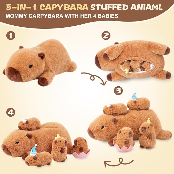 SuzziPals Lotus Capybara Stuffed Animal with Babies Inside, 5PCS Capybara Plush Set with Mommy & 4 Baby Capybaras, Soft Pillow Plush for Bedroom Decor, Birthday Easter Gift for Kids & Capibara Lovers