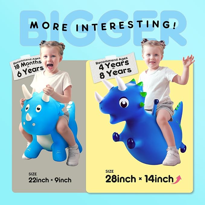 ZOOJOY Bouncy Dinosaur Horse Hopper, Inflatable Dino Bouncing Animal for Toddlers, Indoor Outdoor Ride On Bouncing Toys W/Pump, Hopping Toys Gift for 4 5 6 7 8 Year Old Boy Girl