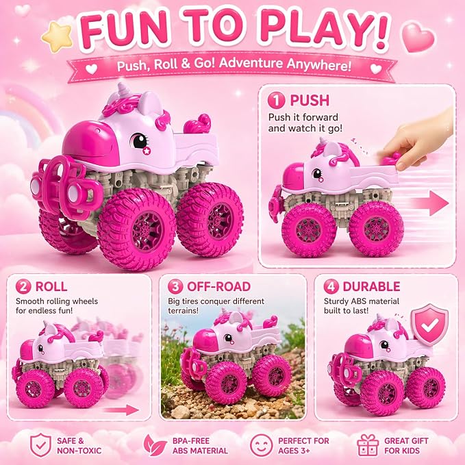 UNICOR Friction Powered Toy Car – Push and Go Toy Vehicle for Kids, Durable Child-Friendly Design, Easy Grip Size 5.5 x 4.7 x 3.7 Inches, Fun Pretend Play Car for Boys & Girls (Red)