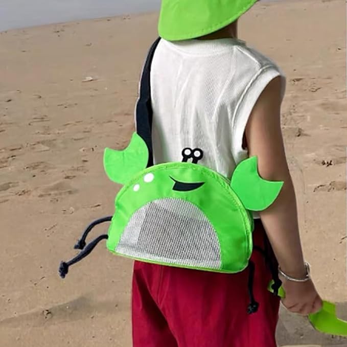 Kids Mesh Beach Bag, Cute Crab-Shaped Seashell Collecting Bag with Adjustable Strap for Holding Shell Beach Toy
