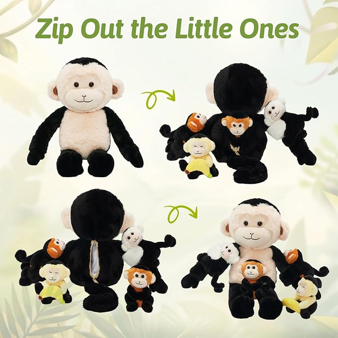 OUOZZZ Monkey Stuffed Animal 5 PCS, 19.3″ Huggable Mama and Babies Slap-Bracelet