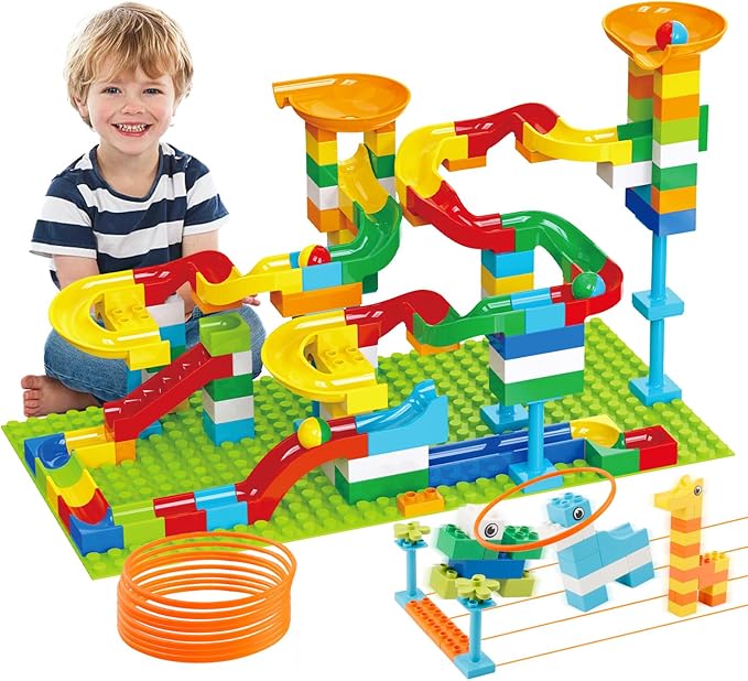 Anpcso Marble Run Building Blocks for Kids Age 3-8, 128 Pcs STEM Building Bricks Set with Toss Ring Game, Educational Learning Toys for Toddlers Boys Girls Gifts- Compatible with All Major Brands