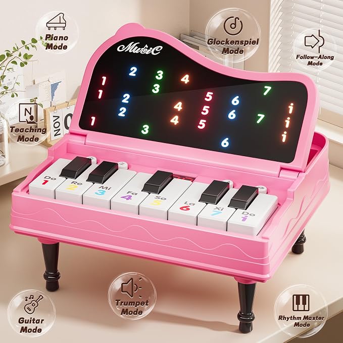 Piano for Kids, Piano Keyboard Learning Toys for Kids Boys Girls Ages 3 4 5 6 7 Year Old, 7 Modes Educational Toy Keyboard Piano with Light-Up Keys, Travel Piano Toy Music Rhythm Machine Birthday Gift