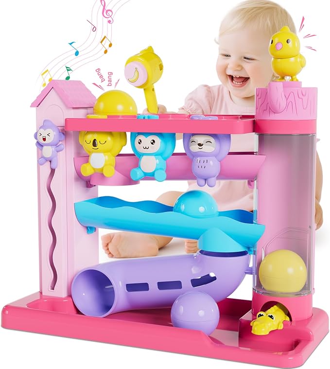 VOILBTOY Musical Toy for 1-2 Year Old Girls,Educational Baby Toys 12-18 Months,Ball Drop Toy with English & Spanish,Fine Motor Toys for Toddlers 1-3,Birthday Gift for 1+ Year Old Girl (Pink)