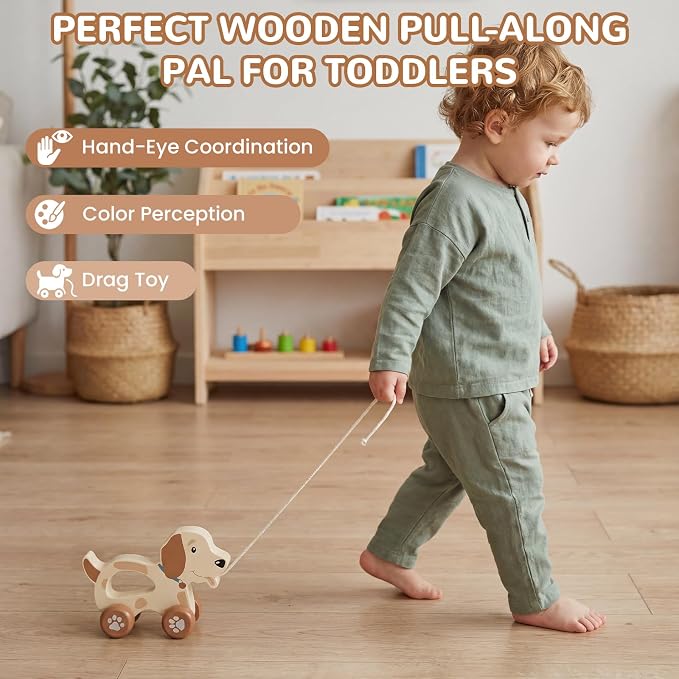 Baby Toys Car,Wooden Pull Along Toddler Toy, Developmental Toy for 1 Year Old Girl Boy Birthday Gift (Cute Dog)