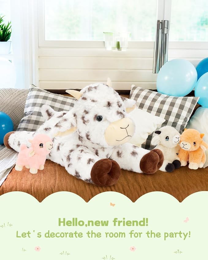 Tezituor Large Lamb Stuffed Animal Toys Sets, 22 Inch Mommy Spot Lamb Plush with 3 Cute Babies in Zippered Tummy,Soft Cuddly 4Pcs Sheep Stuffy,Farm Goat Plushie Gifts for Christmas Birthday Easter