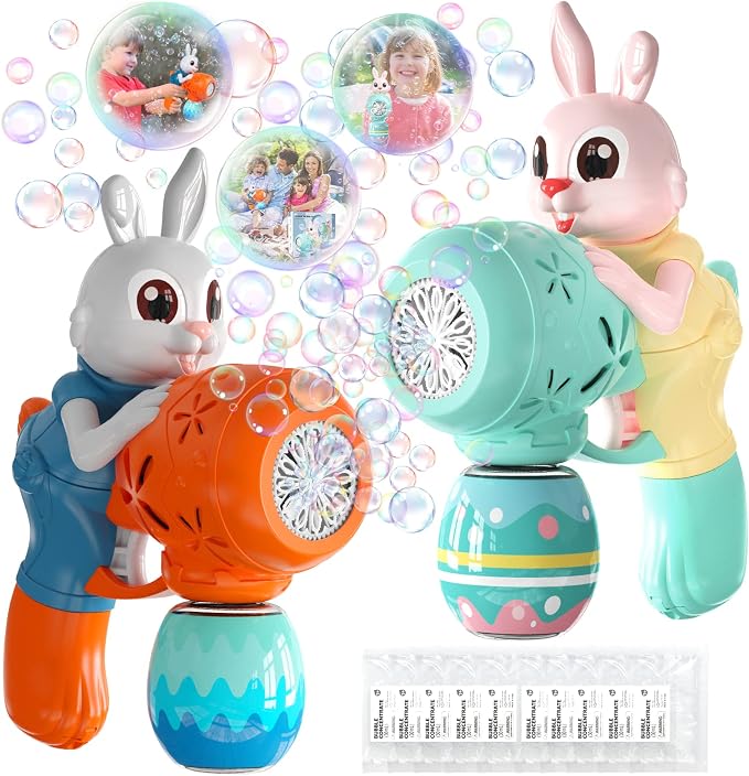 IFLOVE 2-Pack Rabbit Bubble Machine for Kids, Automatic Bubble Gun Ages 3-8 | Bunny & Easter egg design, 12 outlets blow 5,000+ bubbles; 10 solution packs; summer outdoor toy; needs 4 AA batteries