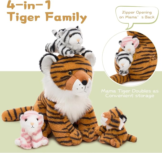 MorisMos Tiger Stuffed Animal with Babies Plush Set, Realistic Mommy Stuffed Tiger Plush with 3 Baby Cubs Inside, Wild Zoo Animal Toys for Kid Toddler Christmas Decor Birthday Gift Jungle Themed Party