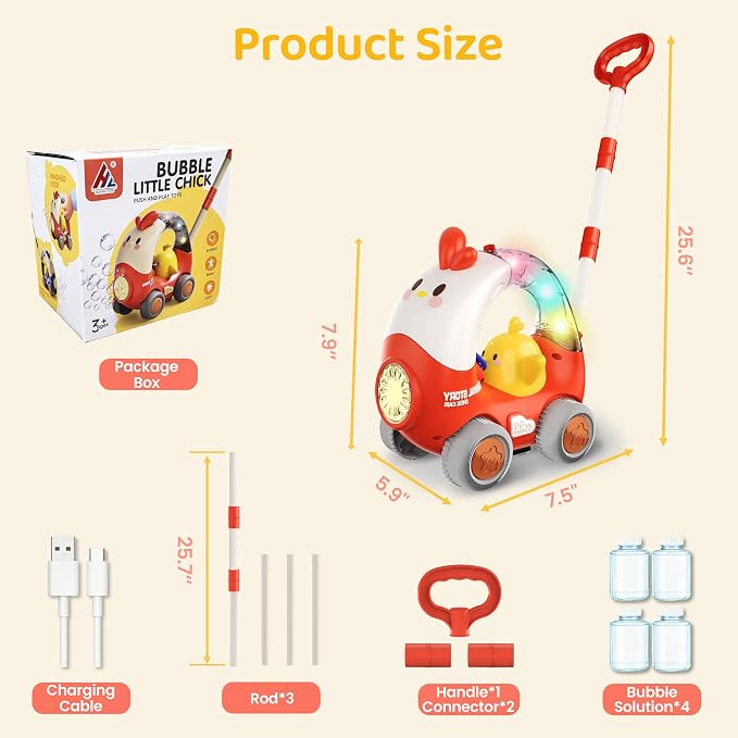 Bubble Machine for kids, USB Rechargeable Bubble Blower with Adjustable Handle, Leak-Proof Outdoor Push Bubble Machine for Toddlers 1-3, Bubble Toys for 1-5 Year Old Boy&Girl Parties Birthday