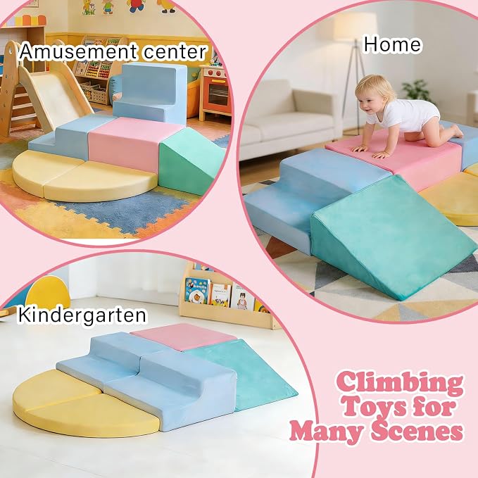 Soft Climbing Toys for Toddlers 1-3, 6-Piece Foam Climbing Blocks Set with Washable Cover, Colourful Indoor Active Play Structure for Kids, Modular Crawling and Sliding Gym for Baby