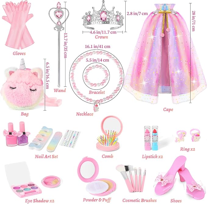 Princess Dress Up Clothes for Girls 3 4 5 6 Years Old, Non-Toxic Kids Makeup Kit, Princess Set Toy Gift for Toddlers Birthday