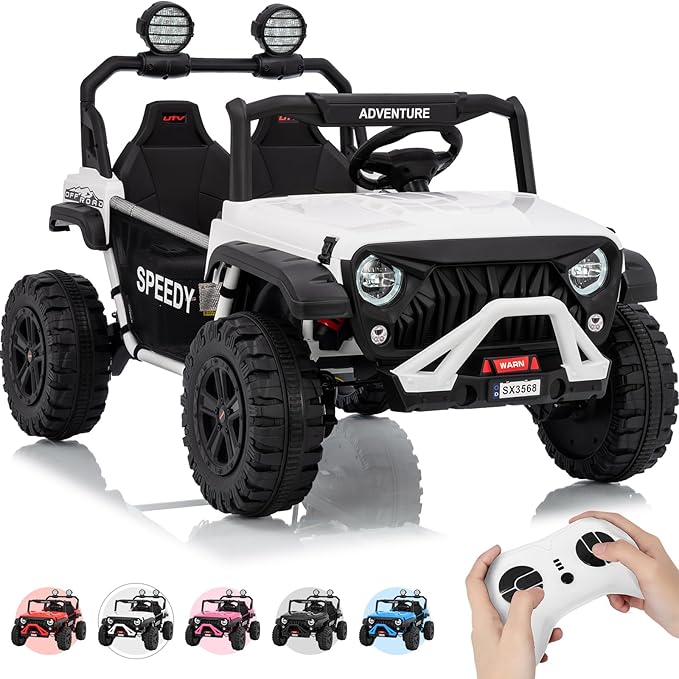 2 Seater Ride on Car for Kids, 24V Ride on Toy, Fast 4.97MPH Truck, 4WD Kids Electric Vehicles with Remote Control, Spring Suspension, Front & Behind LED Lights, Dual Storage, 3 Speeds, Music, White