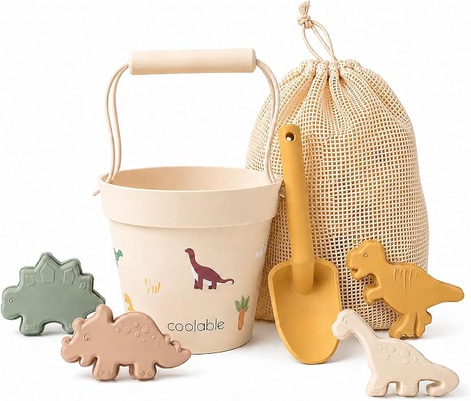 6-Piece Silicone Beach Toys Set for Kids - Foldable Sand Bucket, Shovel, 4 Sand Molds and Mesh Bag - Dinosaur World