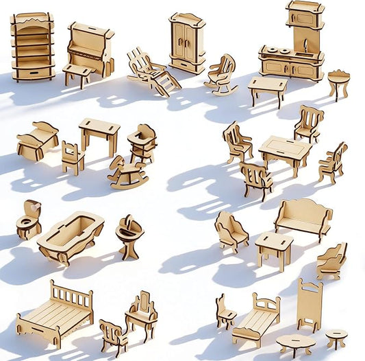 LOVEINUSA 34 PCS DIY Wooden Dollhouse Furniture Set, 1:20 Scale Miniature Room Accessories for Kitchen Living Room Bathroom for DIY Crafts Project