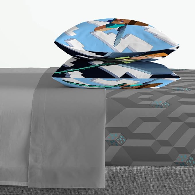 Jay Franco Minecraft Daytime 7 Piece Queen Bed Set - Includes Comforter & Sheet Set - Bedding Features Alex and Steve - Super Soft Fade Resistant Microfiber - (Official Minecraft Product)