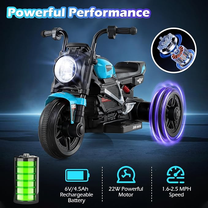 Costzon Toddler Motorcycle, 6V Chopper Kids Motorcycle Ride On Toy with LED Headlight, Music, Story, 3-Wheel Stable Electric Motorbike for Toddlers Boys Girls (Blue, 31" x 18.5" x 19.5"(L x W x H))