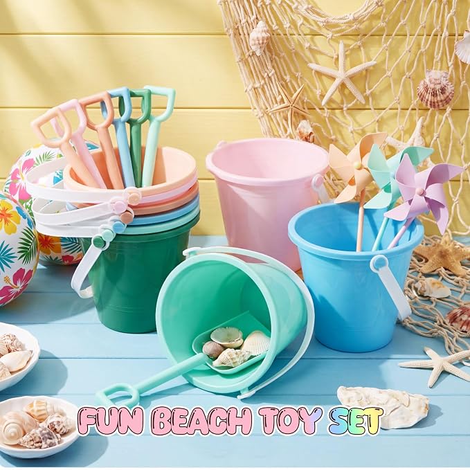 Lunmon 36 Pcs Beach Toys for Kids 12 Set Sand Buckets Shovels Bulk Pastel Beach Balls Inflatable Sand Toys for Girls Boys Toddlers Games Birthday Summer Pool Party Favor (Morandi, Vivid)