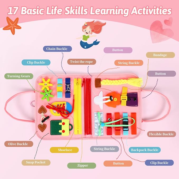Quiet Flower 8 in 1 Busy Board Montessori Toys - Pink Sensory Busy Book & Activity Book for Basic Motor Skills, Educational Airplane Toys & Travel Essentials for Kids, Birthday Gift for Girl