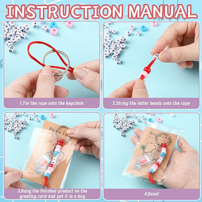 Suncalla 996 Pcs 24 Set Nurse Keychain Making Kit Medical DIY Key Chain Crafts Women Nurse Week Appreciation Gift Adjustable Letter Beads Cards String Kit Accessories Thank You Nurses Day Party Favors