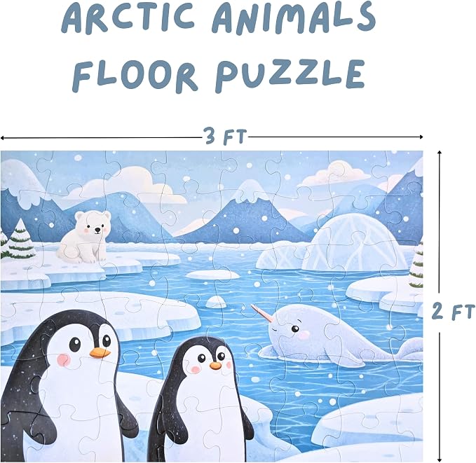 Arctic Animals Jumbo Floor Puzzle for Toddlers & Kids - Penguins, Polar Bear, Narwhal, Winter Ocean Scene - 48 Large Pieces, 3 x 2 Feet - Tot Dojo