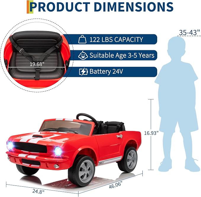 Garvee 24V 2 Seater Ride on Licensed Shelby GT350, Battery Powered Ride on Toys for Kids with Remote Control, Ford Shelby Kids Electric Vehicle 2 Seat, Safety Belt, 2 Speeds, LED Lights, Red